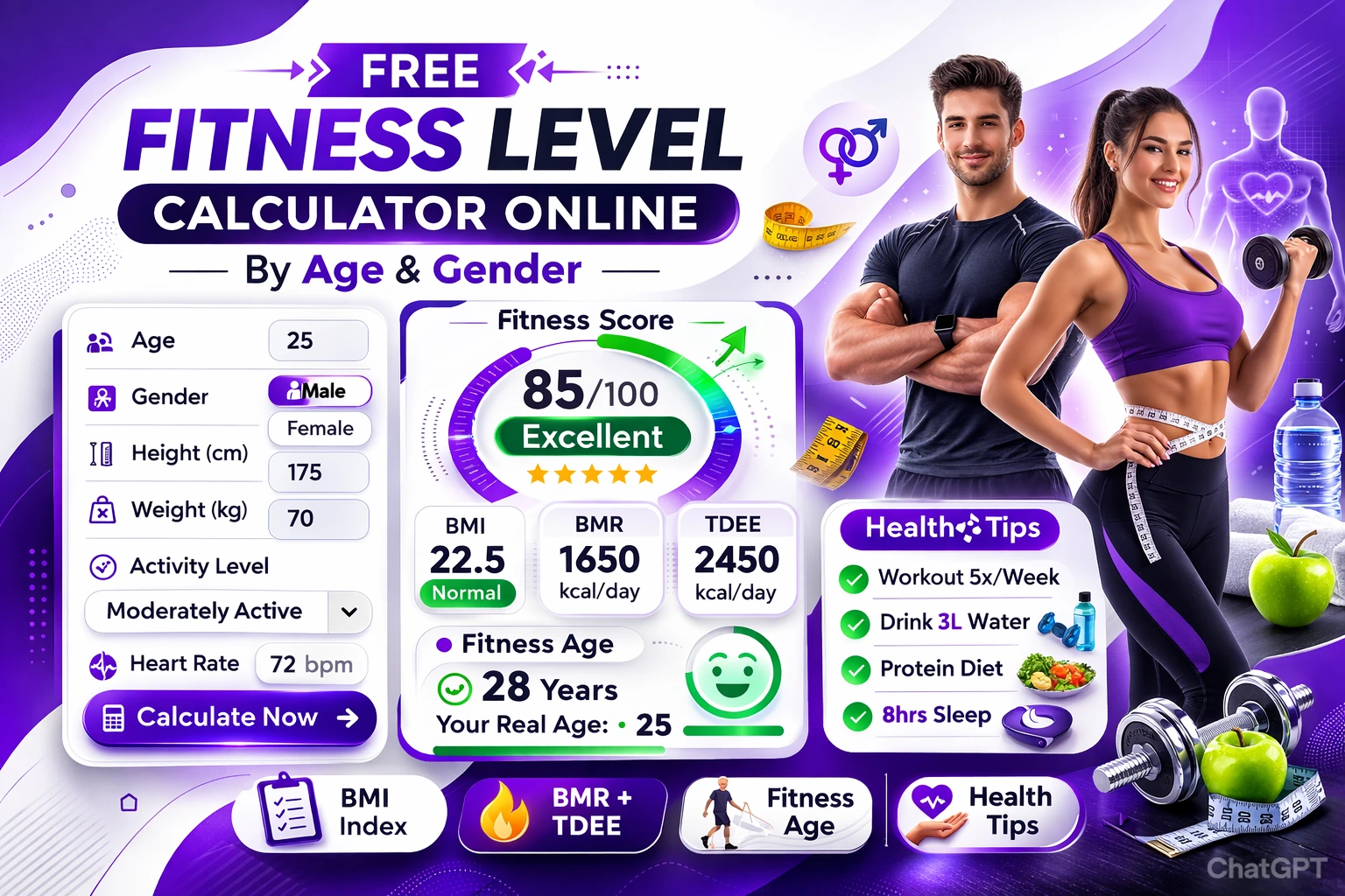 🏋️‍♂️ Free Fitness Level Calculator Online by Age & Gender