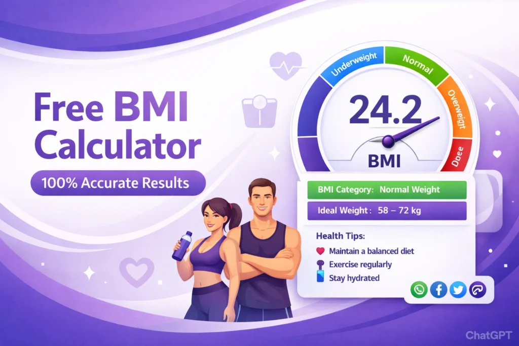 Free BMI Calculator Online showing 100% accurate results with BMI progress gauge, ideal weight, and health tips.