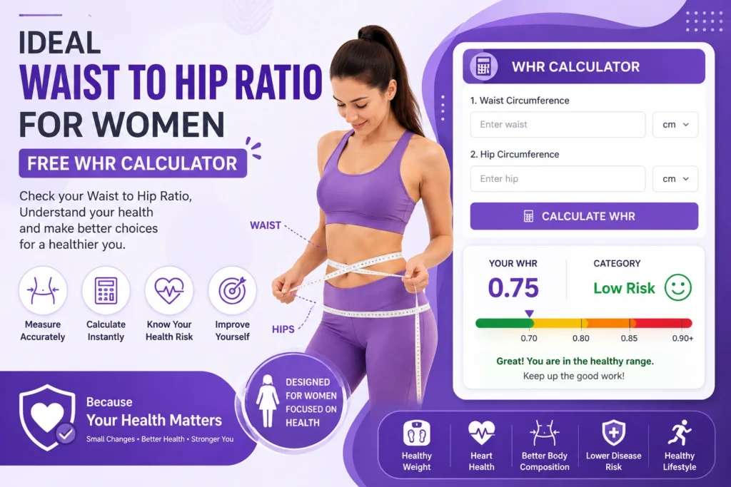 Ideal Waist to Hip Ratio for Women Calculator showing waist and hip measurement guide, WHR formula, healthy ratio chart, and free online health assessment tool.