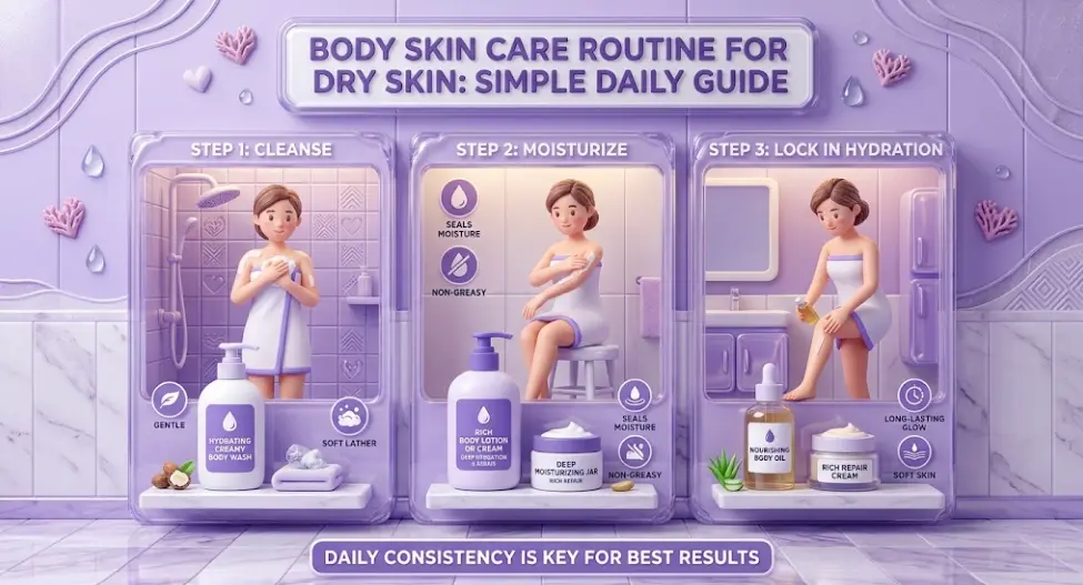 Body skin care routine for dry skin with moisturizer and skincare products