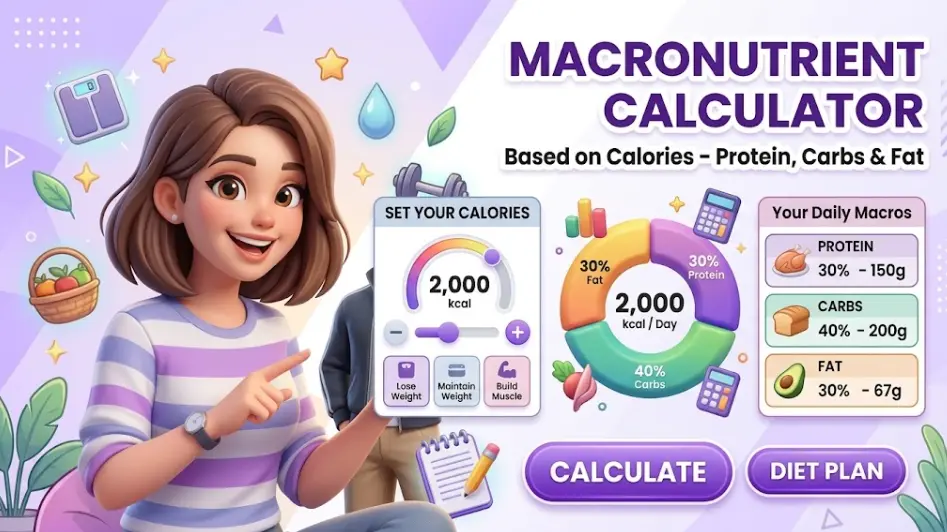 Macronutrient calculator based on calories showing daily protein, carbs, and fat targets